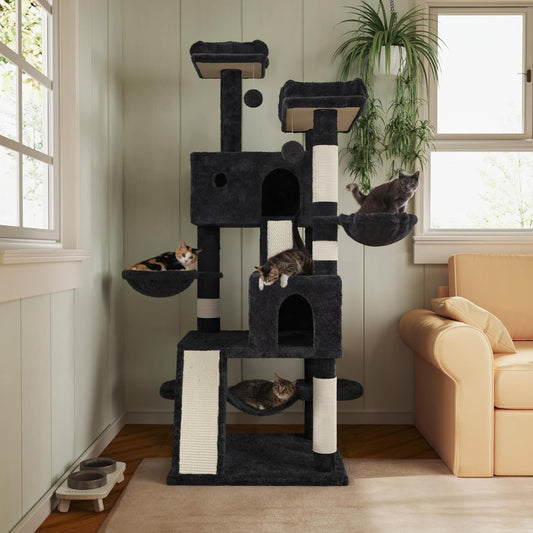 MUTICOR 66 Inches Multi-Level Large Cat Tree Tower for Indoor Big Feline/Cozy Plush Perches/Condo/Sisal Scratching Posts/Hammock and Baskets/Activity Center Play House/Wide Base/Dark Grey