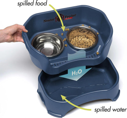 Neater Feeder Deluxe Mess Proof Cat Bowls Elevated for All Breeds – Made in USA – No Spill Raised Cat Bowls for Indoor Cats w/Leg Extensions – Stainless Steel Cat Food and Water Bowl Set - Dark Blue