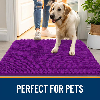 OLANLY Dog Door Mat for Muddy Paws 36x24, Absorbs Moisture and Dirt, Absorbent Non-Slip Washable Doormat, Quick Dry Chenille Mud Mat for Dogs, Entry Indoor Entryway Carpet for Inside Floor, Purple