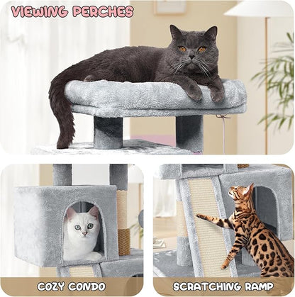 MoNiBloom Cat Tree Tower, 34 Inch Cat Tower with 2 Condos, Scratching Post & Sisal-Covered Scratching Board, Small Cat Climbing Tower, Pet Play House for Indoor Cats, Light Grey