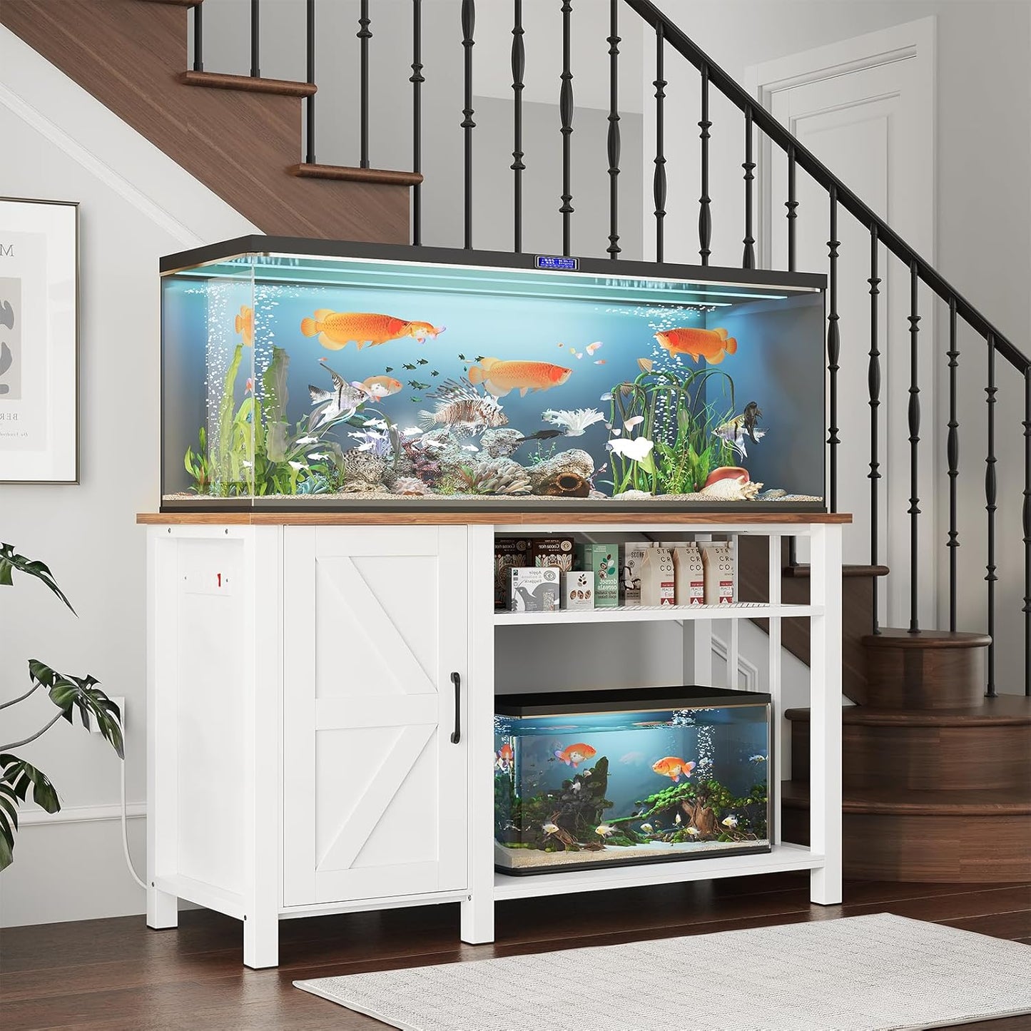 Aquarium Stand with Power Outlets, 55-75 Gallon Heavy Duty Fish Tank Stand with Cabinet Storage & Adjustable Shelf, for Fish Tank, Turtle Tank, Reptile Terrarium, 1000LBS Capacity, White