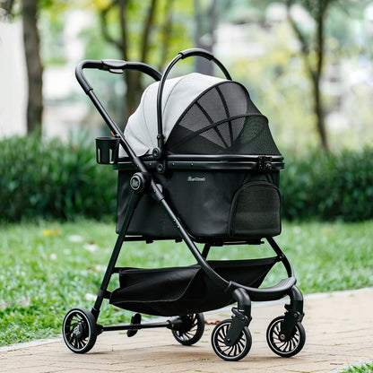 Pet Stroller for Small Dogs and Cats, One-Click Foldable Dog Stroller with Detachable Carrier & 3 Safety Tethers, Holds up to 33 lbs, Storage Basket & Cup Holder, Breathable Mesh, Black
