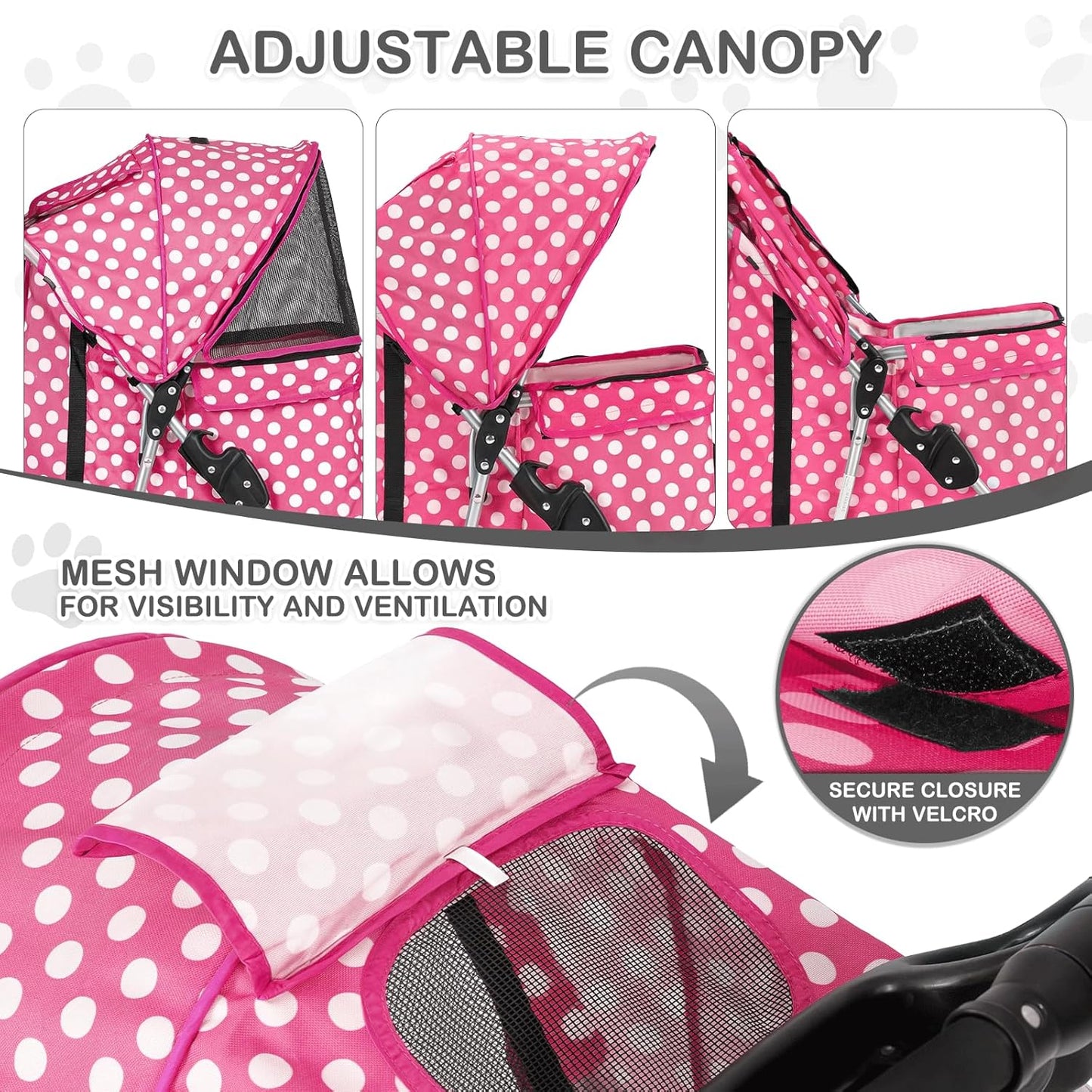 MoNiBloom 3 Wheels Pet Dog Cat Stroller for Small Medium Dogs Cats, Foldable Jogger Stroller w/Storage Basket and Cup Holder, Hot Pink Polka Dots - Pawvie