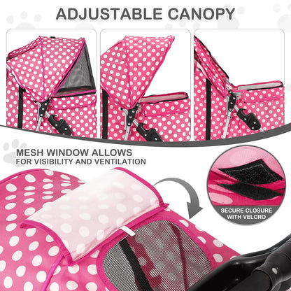MoNiBloom 3 Wheels Pet Dog Cat Stroller for Small Medium Dogs Cats, Foldable Jogger Stroller w/Storage Basket and Cup Holder, Hot Pink Polka Dots - Pawvie