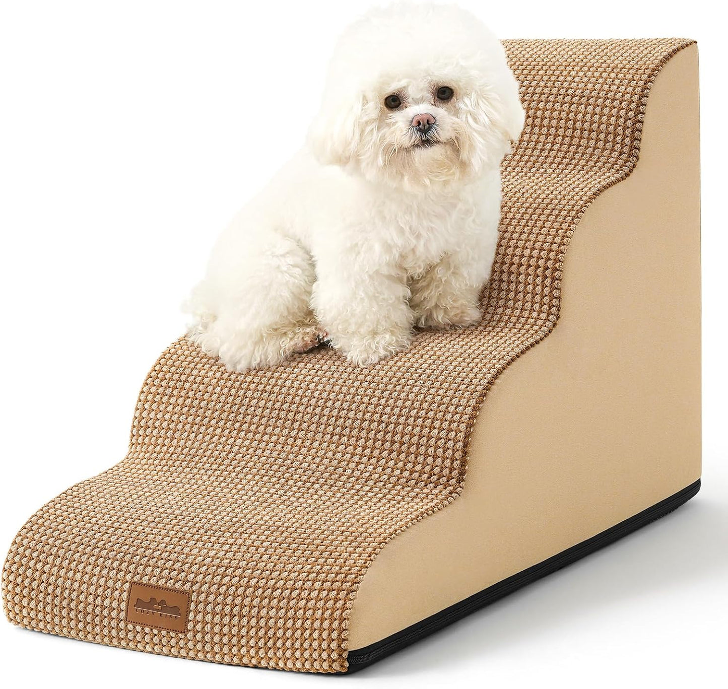Dog Stairs for Small Dogs 19.7" H, Curved Dog Step for Puppy, Older or Cat, Medium Pet Ramp for Sofa, Couch or Bed, Ladder with High Density Foam, 15.7x28.3x19.7 inch, 4 Step, Light Brown - Pawvie