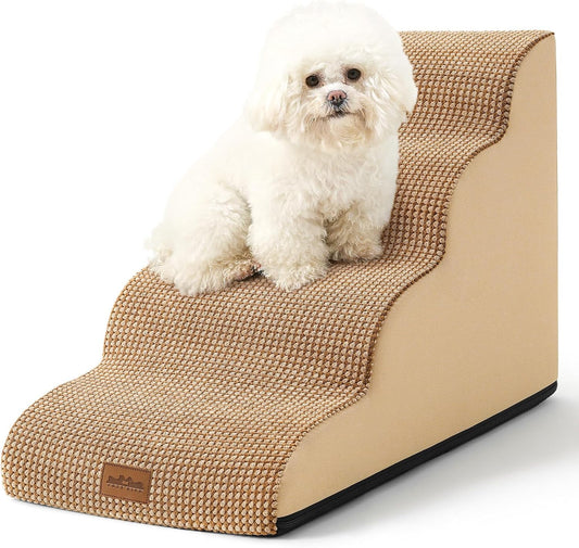Dog Stairs for Small Dogs 19.7" H, Curved Dog Step for Puppy, Older or Cat, Medium Pet Ramp for Sofa, Couch or Bed, Ladder with High Density Foam, 15.7x28.3x19.7 inch, 4 Step, Light Brown - Pawvie