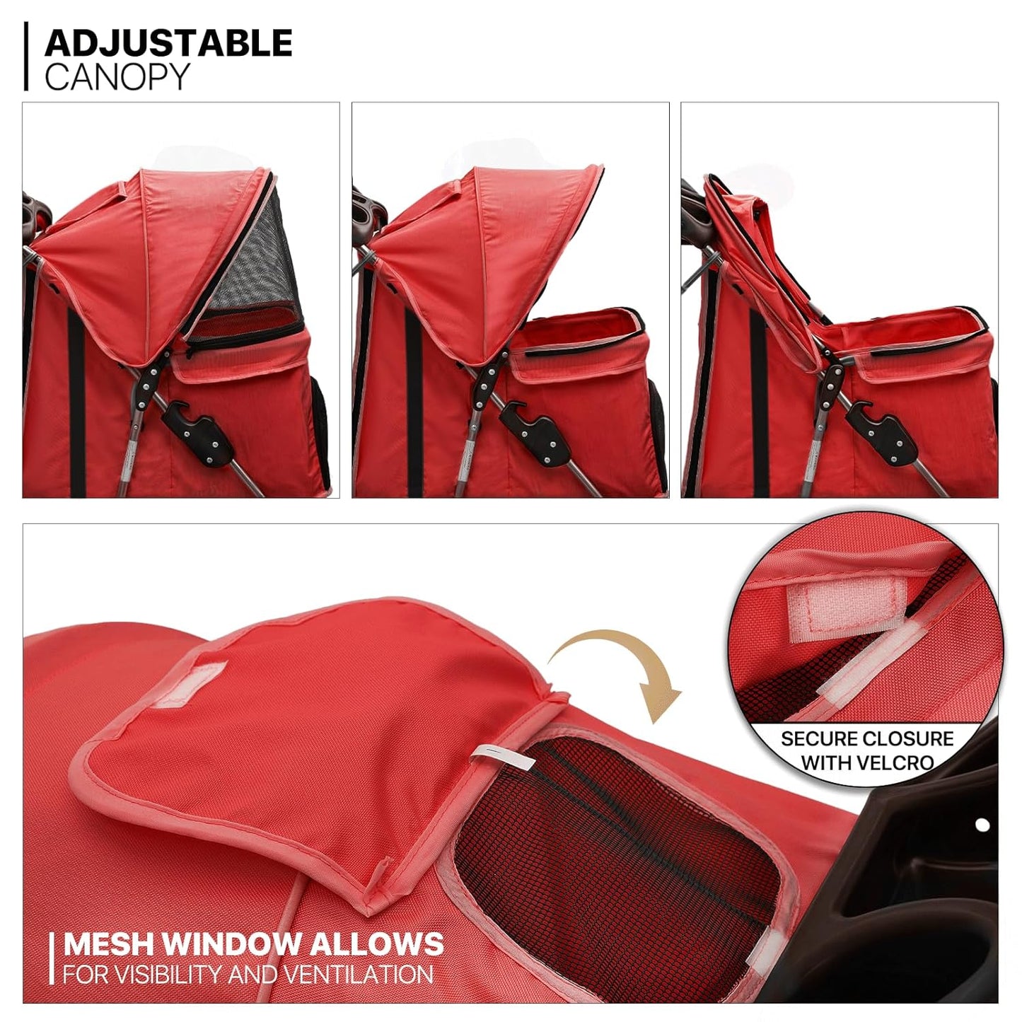MoNiBloom 3 Wheels Pet Stroller, Foldable Puppy Cage Jogger Stroller with Weather Cover for All-Season, Storage Basket and Cup Holder, Breathable and Visible Mesh for Small/Medium Pets, Red - Pawvie