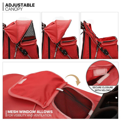 MoNiBloom 3 Wheels Pet Stroller, Foldable Puppy Cage Jogger Stroller with Weather Cover for All-Season, Storage Basket and Cup Holder, Breathable and Visible Mesh for Small/Medium Pets, Red - Pawvie