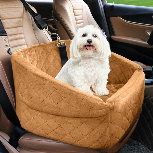 Dog Car Seat for Small Medium Dogs,Detachable Washable Dog Booster Seat Under 30lbs,Pet Car Seat Travel Bed with Storage Pockets and Dog Safety Belt（Brown - Pawvie