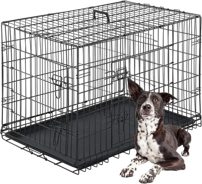 FDW Dog Crate for Large Dogs 42 Inch Folding Metal WirePet Cage Double Door W/Divider Panel Indoor Outdoor Kennel Leak-Proof Plastic Tray,Black
