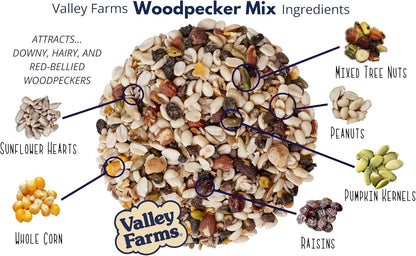 Valley Farms Woodpecker Mix (15 LB) Wild Bird Food for Outdoor Feeders, No Mess Bird Seed, W/Peanuts and Sunflower Hearts for Birds, Woodpecker Food, Attract All Bird Species