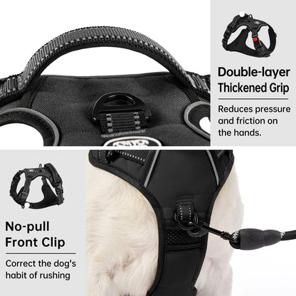 IVY&LANE No Pull Dog Harness for Medium Dogs, Dog Vest Harness with Leash, Safety Belt and Storage Strap, Fully Adjustable Harness, 360° Reflective Strip, Soft Handle (Black, M)