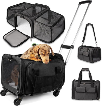 Pet Carrier with Wheels | United Delta American Frontier Airline Approved | Two Expandable Sides, Storage Pockets Adjustable Leash | Rolling Dog and Cat Carrier TSA Compliant (Charcoal)