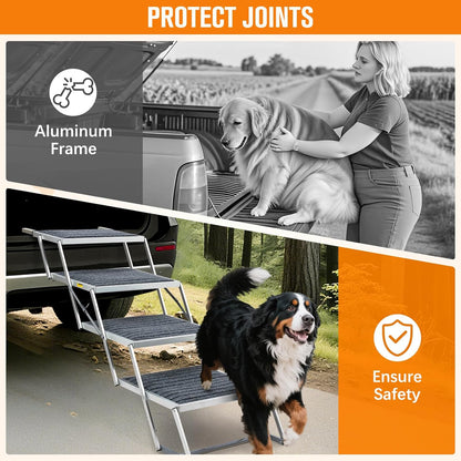 20" Extra Wide Dog Ramp, 4-Step Foldable Pet Stairs with Non-Slip Carpet - Lightweight Aluminum for SUV/Truck/Car & High Beds - Supports Large Dogs up to 200Lbs