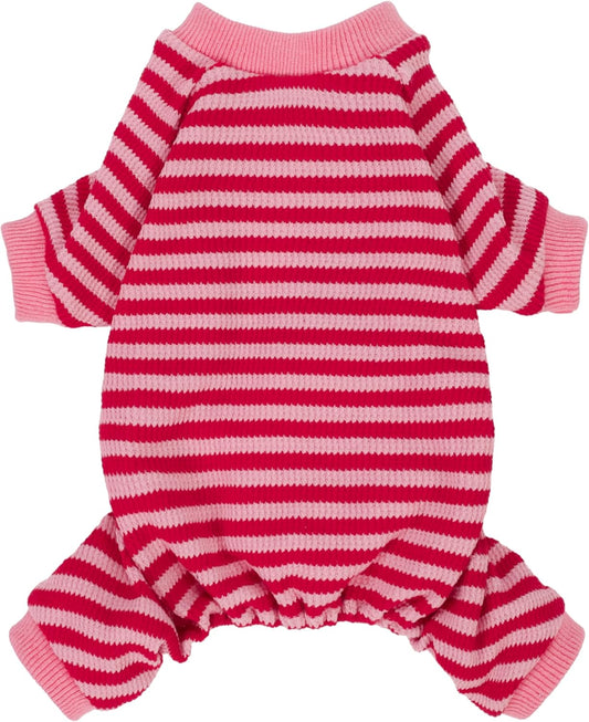 Fitwarm Pink and Red Striped Dog Pajamas, Waffle Dog Clothes for Small Dogs Girl Boy, Puppy Onesie with Feet, Pet Cat Outfit, Small