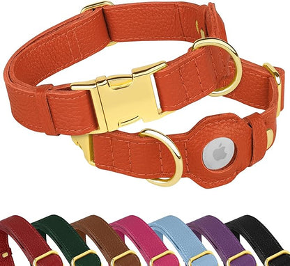 Leather Airtag Dog Collar - Soft Tracking Dog Collar with Apple AirTag Holder and Metal Buckle - Safety GPS Pet Collars for Small Medium Large Dogs Puppy Pink Red (Orange, L, 17"-21" Neck Fit)