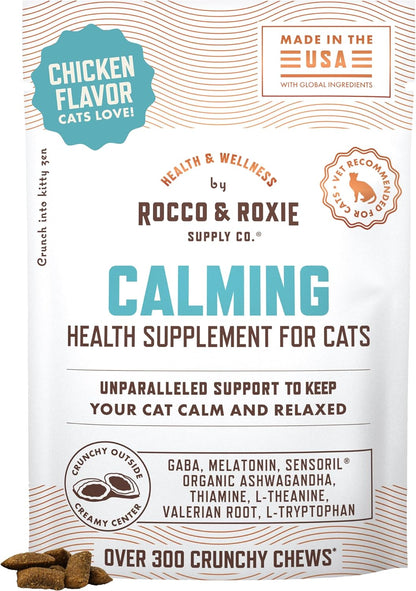 Rocco & Roxie Cat Calming Treats with Melatonin for Cats, Stress and Anxiety Relief, Keep Calm for Grooming, Travel, or Vet Visits, Aid Sleep with Organic Ashwagandha and GABA, Chicken Flavored Chews