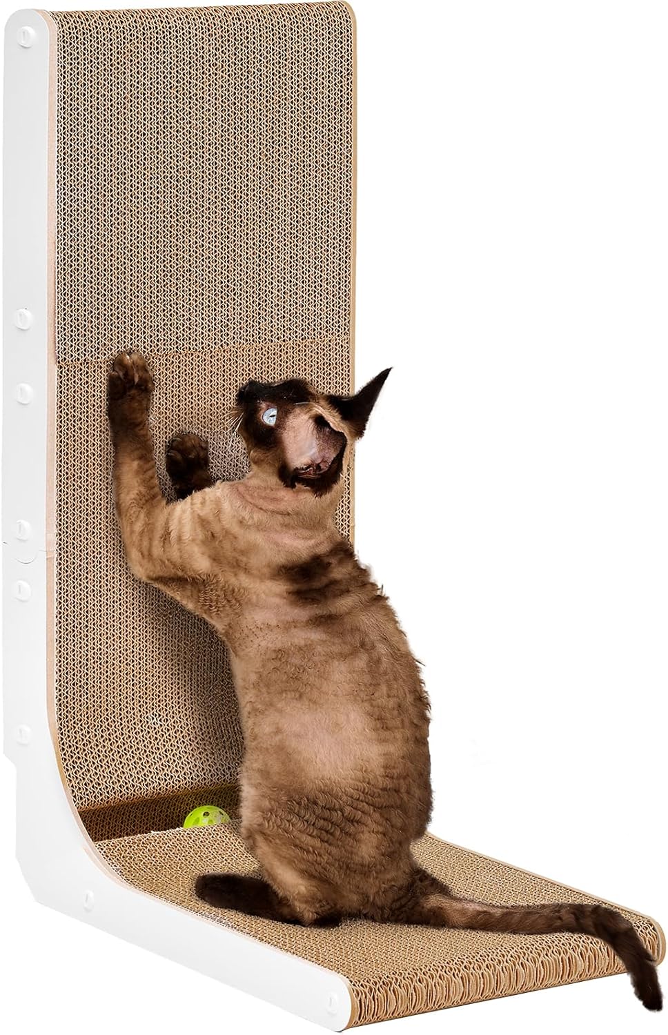 EHEYCIGA Cardboard Cat Scratcher for Indoor Cats, 26.8 Inch L Shaped Vertical Cat Scratching Board with Ball Cat Toy, Large Cat Scratcher Pad, White