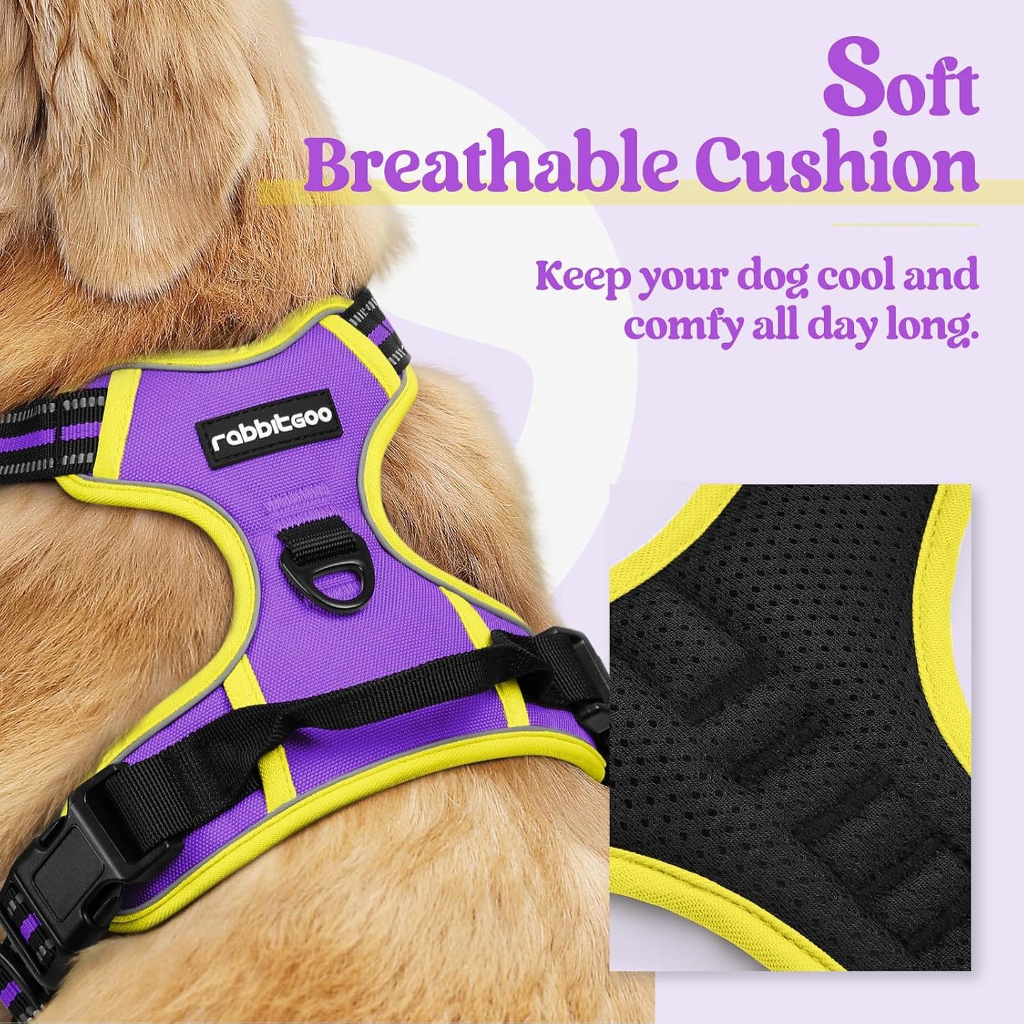 rabbitgoo Dog Harness No Pull with 2 Leash Clips, Adjustable Soft Padded, Reflective Oxford No Choke Pet Vest with Easy Control Handle for Large Dogs, Purple & Yellow, XL