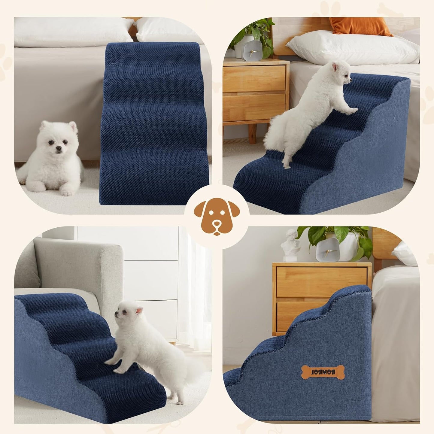 Dog Stairs, Romrol Dog Steps Ramp for High Bed and Couch, Dogs Ramp with Durable Non-Slip Waterproof Fabric Cover, Pet Stairs for Small Dogs and Cats or Pets Joints, 4-TiersNavy - Pawvie