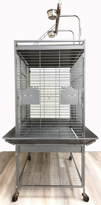 Large Elegant and Durable Wrought Iron Play Ground Perch Stand Top Climbing Ladder Bird Parrot Rolling Metal Cage with Around Seed Guard Storage Shelf On Heavy Duty Lockable Rolling Wheels