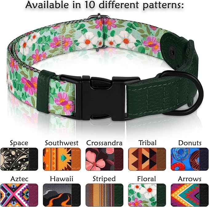 AirTag Dog Collar with Metal Buckle - Printed Nylon Soft Leather Dog Collar with Apple AirTag Holder - Secure Tracking GPS Pet Collars for Girl Boy Small Large Dogs (M, 14"-18" Neck Fit, Floral)