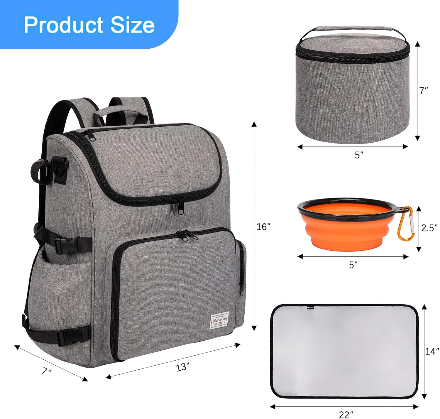 Modoker Dog Travel Bag Backpack, Airline Approved Pet Accessories Organizer for Dog and Cat with Shoulder Strap, 2 Dog Food Storage Containers, 2 Collapsible Dog Bowls,1 Pet Mat, Grey - Pawvie