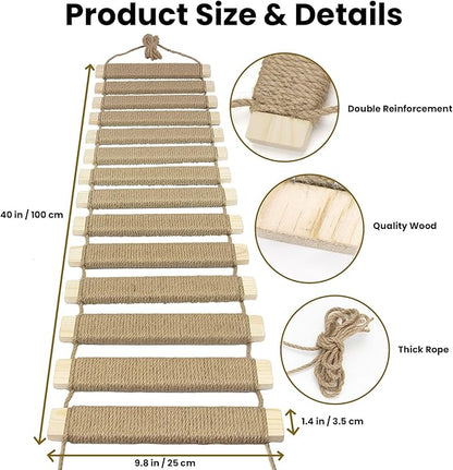 40in Cat Ladder & Bridge, Outdoor Cat Tree with Jute Rope, Multi-Level Climbing Frame & Scratcher for Indoor/Outdoor Cats (Wood Tone, 40in)