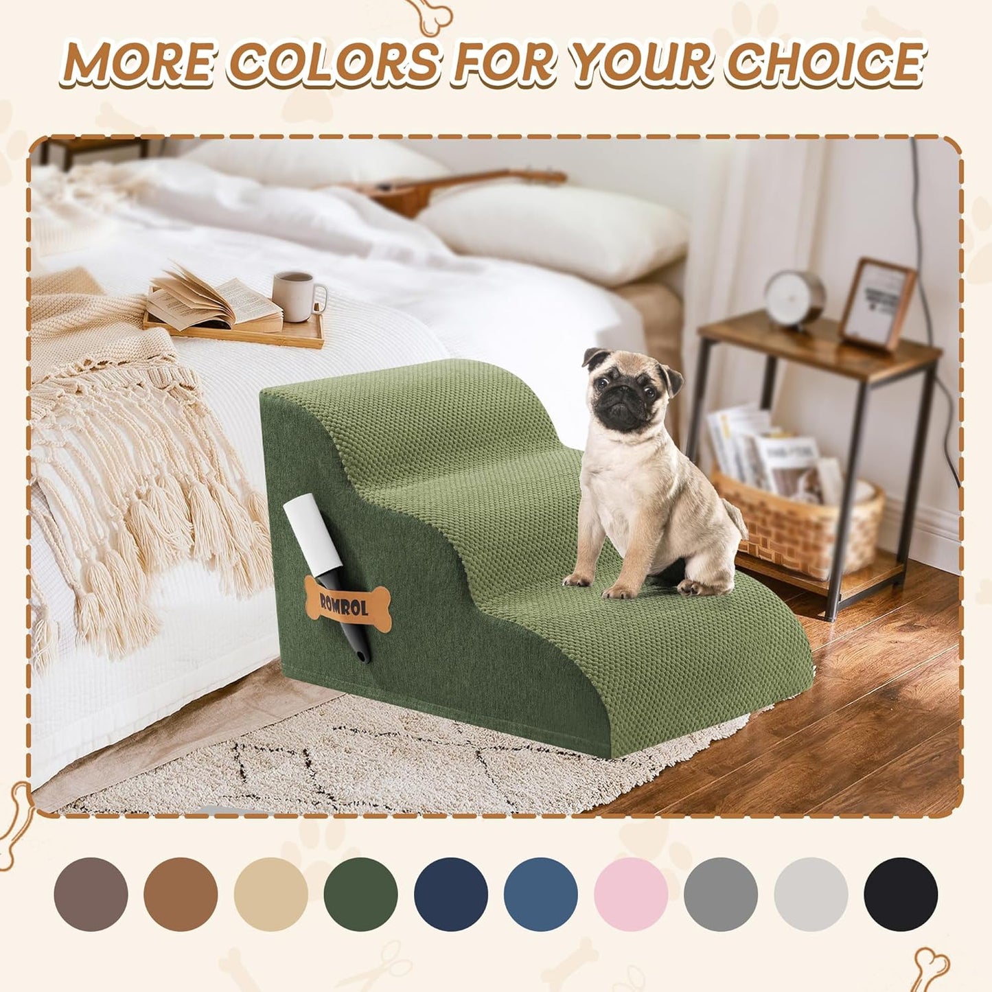 Romrol Dog Stairs Ramp for High Beds Couches, High Density Foam Pet Steps with Durable Non-Slip Waterproof Fabric Cover, Dog Stairs for Small Dogs or Cats or Pets, 3-Step,15 Inch,Green - Pawvie