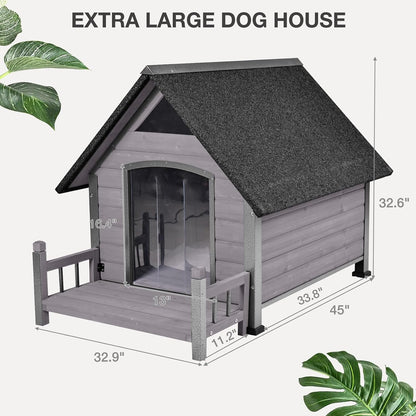 Large Dog House Outdoor Indoor All-Around Iron Frame Design Dog House with Porch＆Raised Feet for Small Medium Large Dogs（Grey）
