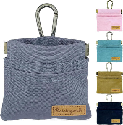 Dog Treat Pouch, Small Cotton Pocket Sized Training Holder, Hand Free Walking Fanny Bag with Carabiner, Self-Closing Pet Feed Snack Reward, Behavior Aids for Puppy Travel or Outdoor (Grey)