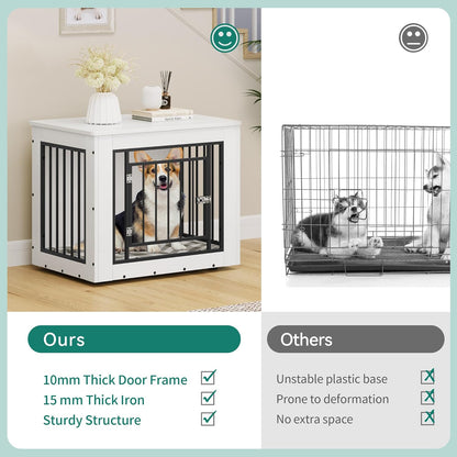 YITAHOME 30.1" L Dog Crate Furniture for Medium Dogs, 2-in-1 Iron-Wood Fusion Dog cage Indoor up to 35 lb, Side End Table, Modern Dogs Kennel with Waterproof Top, Safety Corners,Steel Lock,White