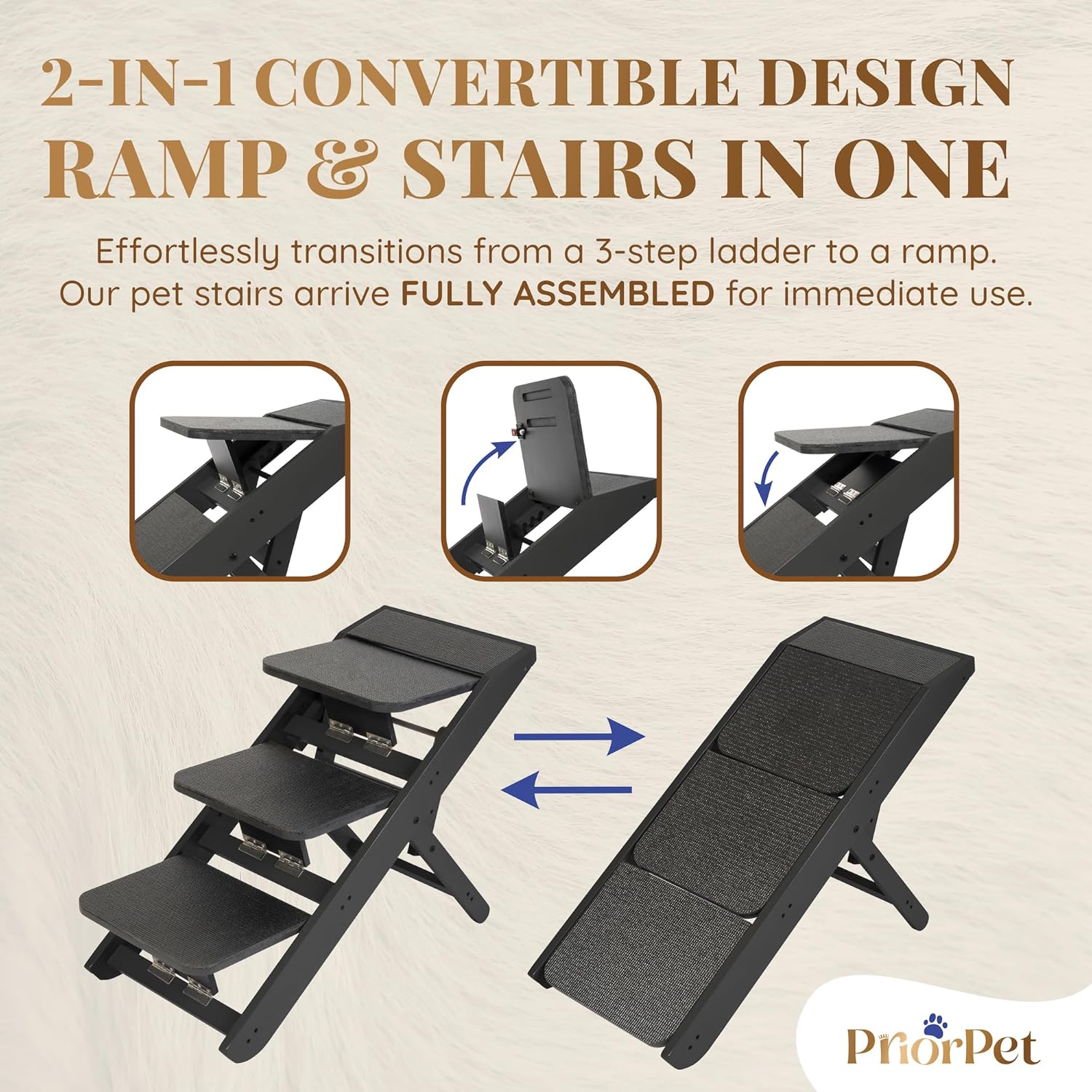 Dog Steps for Bed & Couch 2-in-1 Dog Stairs/Ramp - Height Adjustable Dog Ramp for Couch 7” - 20” - Pet Stairs, Dog Stairs for Small Dogs - Easy to Move Pet Steps with Landing Platform, Black - Pawvie