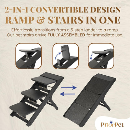 Dog Steps for Bed & Couch 2-in-1 Dog Stairs/Ramp - Height Adjustable Dog Ramp for Couch 7” - 20” - Pet Stairs, Dog Stairs for Small Dogs - Easy to Move Pet Steps with Landing Platform, Black - Pawvie