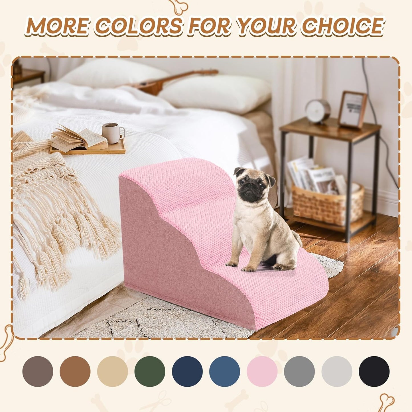 Romrol Dog Stairs Ramp for High Beds Couches, High Density Foam Pet Steps with Durable Non-Slip Waterproof Fabric Cover, Dog Stairs for Small Dogs or Cats or Pets, 3-Step,15 Inch,Pink - Pawvie