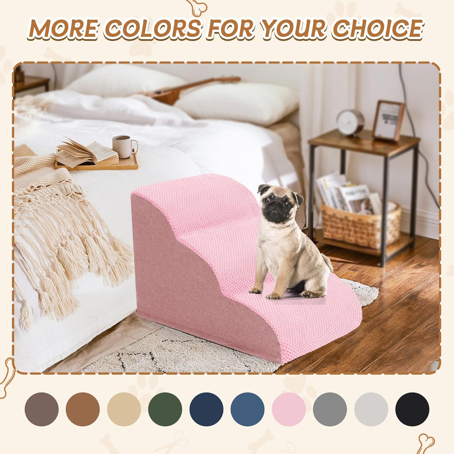 Romrol Dog Stairs Ramp for High Beds Couches, High Density Foam Pet Steps with Durable Non-Slip Waterproof Fabric Cover, Dog Stairs for Small Dogs or Cats or Pets, 3-Step,15 Inch,Pink - Pawvie