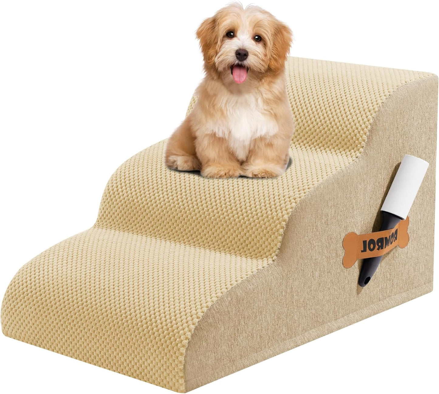 Romrol Dog Stairs Ramp for Beds Couches, Extra Wide Pet Steps with Durable Non-Slip Waterproof Fabric Cover, Dog Slope Stairs for Small Dogs and Cats or Pets Friendly, 3-Tiers, 13 Inch,Beige - Pawvie