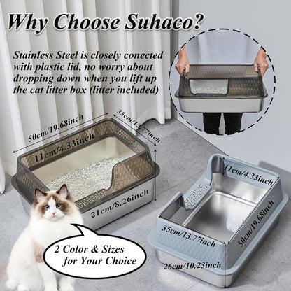 Suhaco Stainless Steel Litter Box Side Entry, Kitty Black Litter Mat and White Scoop Included Covered Metal High Sided Large Cat Litter Box with Lid Removable Enclosure for Medium Cats (Grey)