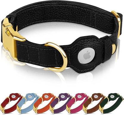 Leather Airtag Dog Collar - Soft Tracking Dog Collar with Apple AirTag Holder and Metal Buckle - Safety GPS Pet Collars for Small Medium Large Dogs Puppy Pink Red (Black, XS, 9"-12" Neck Fit)