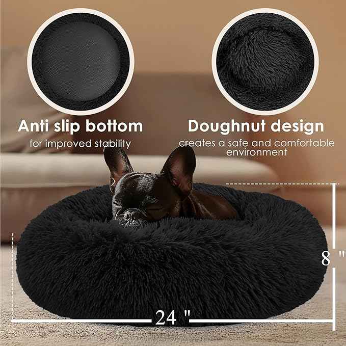 Dogs Bed for Small Dogs, Anti-Anxiety Washable Round Bed (Black, 24.0" L x 24.0" W x 8.0" Th)