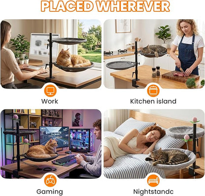 Double Cat Desk Bed, 360° Rotating & Adjustable Desk Mount with Soft Faux Fur & Breathable Mesh Accessories, Ergonomic Cat Perch for Remote Workers,Gamers, and Office Staff - Supports up to 44 lbs
