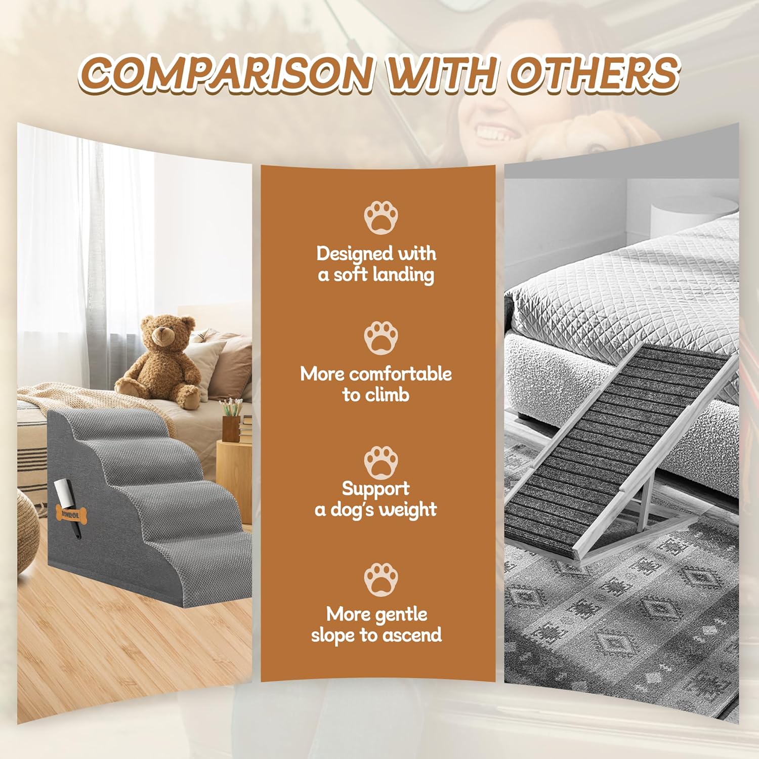 Dog Stairs, Romrol Dog Steps Ramp for High Bed and Couch, Dogs Ramp with Durable Non-Slip Waterproof Fabric Cover, Pet Stairs for Small Dogs and Cats or Pets Joints, 4-Tiers,Grey - Pawvie