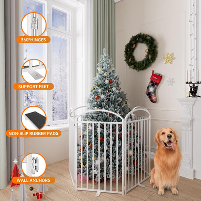 4 Panles Full Matel Freestanding Dog Gates with Door, 96"Extra Wide 36"Tall Free Standing Dog Pet Gate for Indoor & Outdoor. Foldable Pet Fences for Doorways, House, Stairs, Porch, Deck, Yard