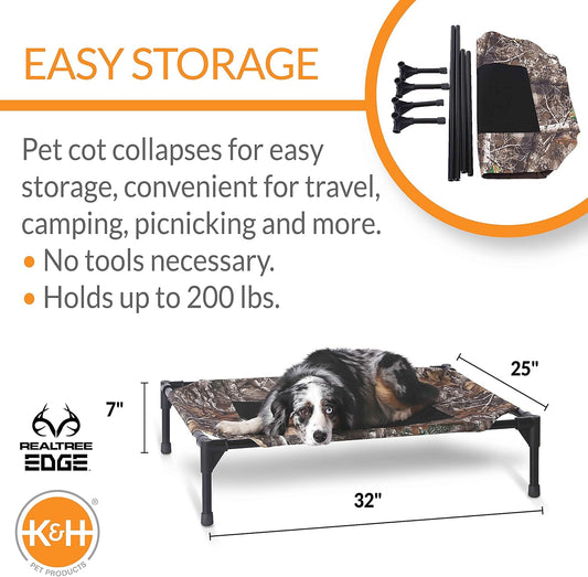 K&H Pet Products Outdoor Elevated Dog Cot, Breathable Cooling Elevated Cot Hammock Pet Bed for Medium Dogs, Washable Mesh Cover, Raised Metal Frame, Collapsible, Portable - Medium 32 X 25in Camo