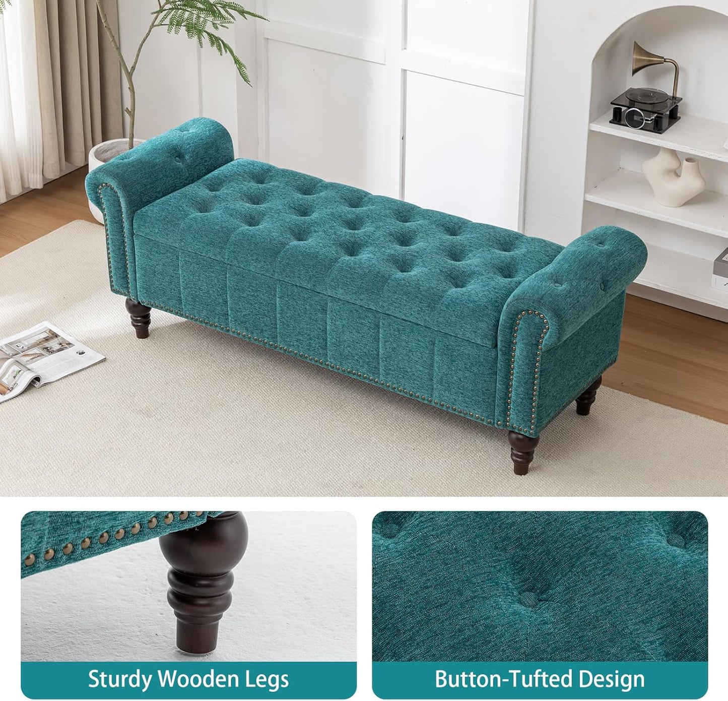58’’ Storage Bench for Bedroom, Upholstered Button-Tufted Ottoman with Solid Wood Legs, Queen Size End of Bed Shoe Cabinet, Window Seat Foot Rest Stool for Entryway, Living Room (Teal)