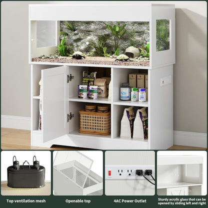 40 Gallon Reptile Terrarium Tank with Storage Cabinet, Reptile Tank with Stand, for Leopard Geckos, Corn Snakes, Juvenile Pets, Sliding Acrylic Doors, Mesh Top, Power Outlet, White PX03RTW