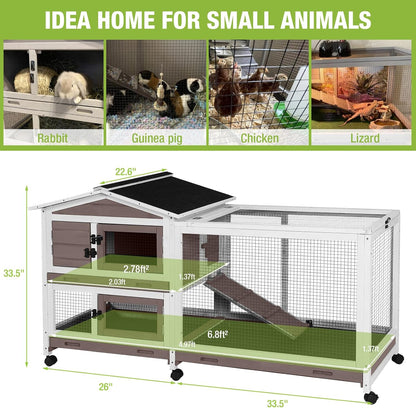 Outdoor Rabbit Hutch Indoor Bunny on Wheels Large Guinea Pig Cage with Run for Any Small Animals,Removable Pull Out Tray White