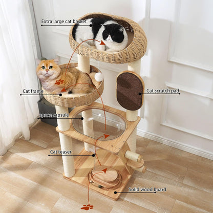 Solid Wood Cat Tree, 50 Inch Modern Cat Tower with Space Capsule, Hand-Woven Basket Nest, Sisal Posts & Scratching Board, Heavy-Duty Multi-Level Indoor Tower