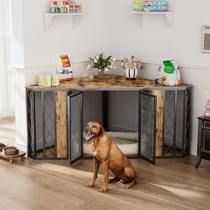 XL Corner Dog Crate Furniture, Decorative Dog Crates Dog Cage TV Stand with Diamond Metal Decoration, Wooden Dog Crate with Double Lock Design, Dog Crates Table, Retro Brown
