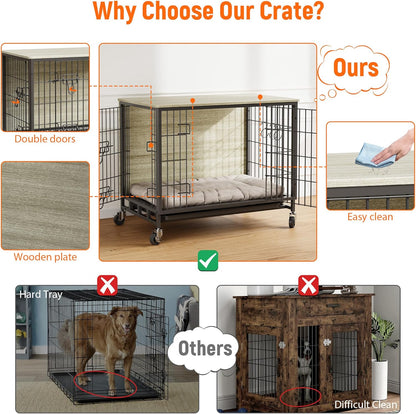 Dog Crate Furniture, 27.2" Small Dog Kennel Wooden Dog Crate with Pull-Out Tray, Double Doors, Modern End Table for Small/Medium Dogs, Rustic Brown